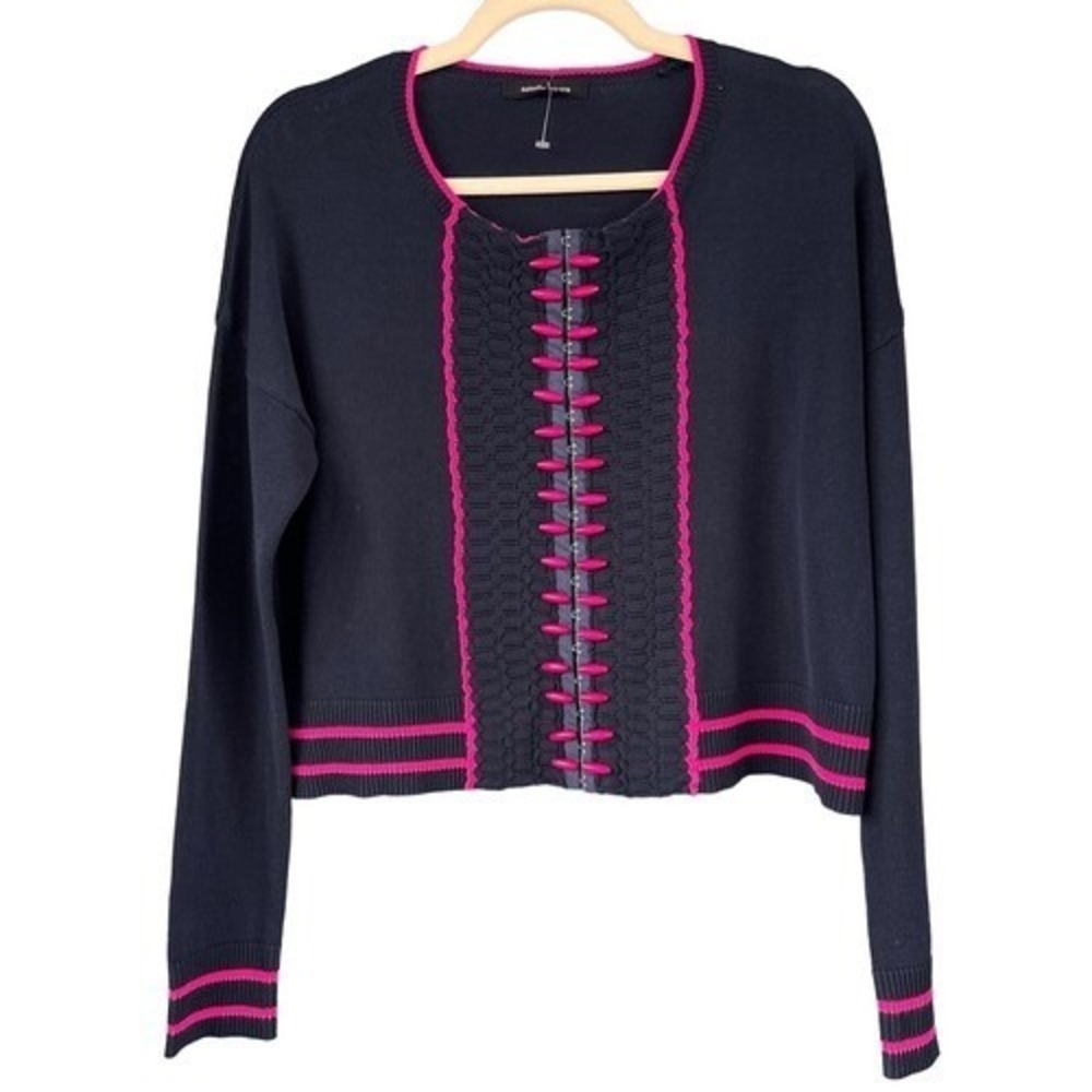 T6 Nanette Lepore Navy‎ Pink Cropped Cardigan Sweater Small S Hook Closure